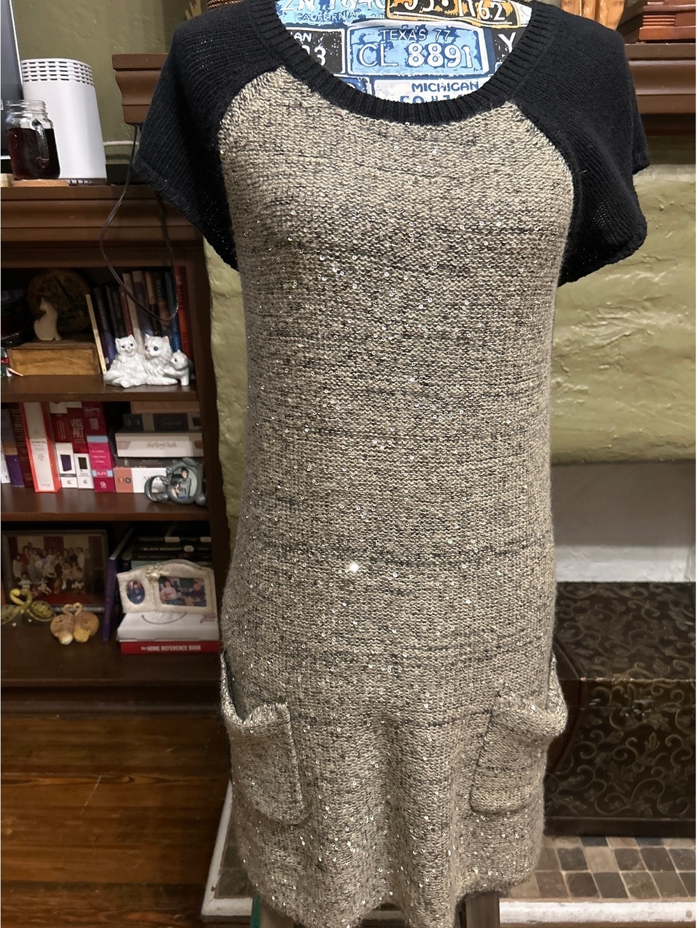 Style&Co. Knit Dress with Sequins and Pockets, Black and Beige, Size M